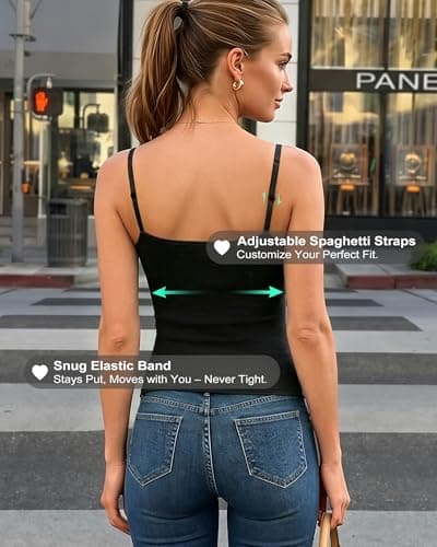 leviace 3 Pack Padded Camisole Tops for Women - Double Lined Adjustable Spaghetti Strap Built-in Bra Shirts Sleeveless Layering Cami Basic Tank Top Fitted Summer Cloth Undershirt 2026, Black, S - Thumbnail 6
