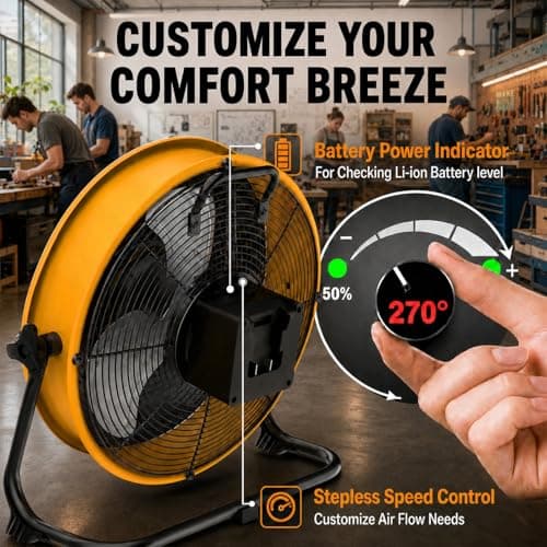 T-SUN 16'' Cordless Battery Powered Fan Compatible with Dewalt 18V/20V Battery, Portable Floor Fan with LED Light, USB Type C Port, Stepless Speeds, Industrial Fan for Garage Patio Warehouse Camping - Thumbnail 6