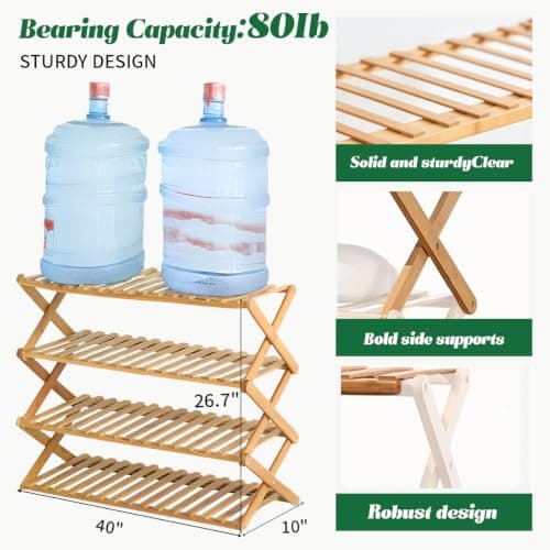 BLBPZL Bamboo Shoe Rack 4 Tier Collapsible - Shoe Rack for Entryway, Without Installation Storage Shelf Rack Perfect for Entryway Corridors Front Door Living Room Kitchen, Original Color - Thumbnail 6