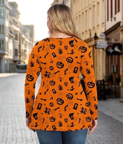 TIANZHU Women's Plus Size Tops Long Sleeve Babydoll Blouse Empire Waist Going Out & Casual, Halloween Orange, 2XL - Thumbnail 3