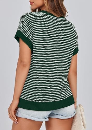 PRETTYGARDEN Womens Short Sleeve Sweater Spring Summer 2026 Round Neck Striped Pullover Cap Sleeve Knit Sweater Vest Tops(Dark Green,Small) - Thumbnail 2