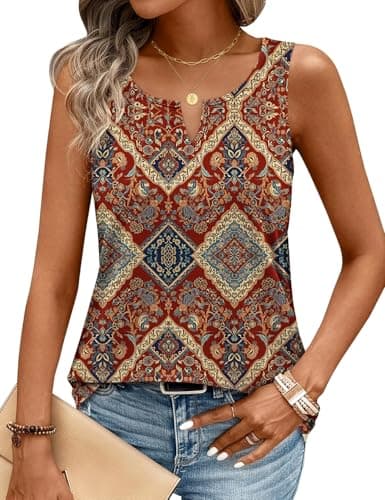 JUSTFASHIONNOW Boho Tank Tops for Women V Neck Sleeveless Tops Dressy Casual Blouses Work Shirts Summer Beach Vacation Clothes(Wine Red, X-Large) - Thumbnail 2