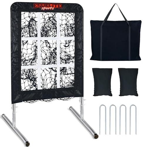 9 Hole Pitching Net with Strike Zone, Baseball Pitching Target, Softball Pitching Net, Portable Pitcher Training Equipment Height Adjustable（Silver）