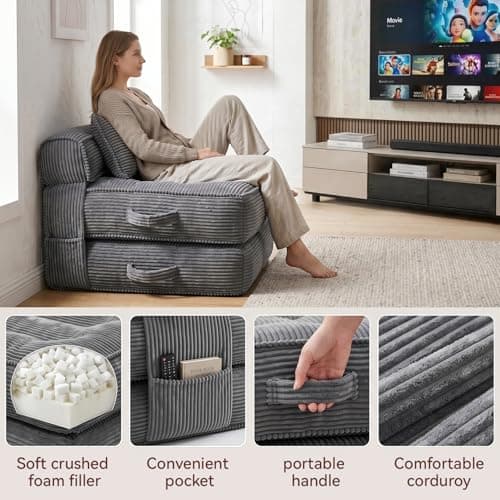 Folding Sofa Bed, Convertible Sleeper Chair with Pillow Foldable Mattress with Back Support, Portable Fold Out Chair Bed Comfy Floor Couch Lounge for Living Room Bedroom Apartment Single - Thumbnail 4