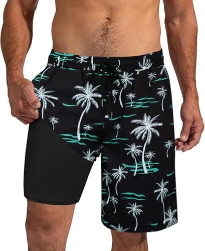 XiaoMoSha Mens Swim Trunks 9 Inch Board Shorts with Compression Liner Swimsuit Quick Dry Bathing Suit with Pockets Hawaiian Summer Beach Surf Swimwear L Black Tree - Image 1