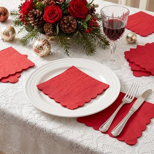 NatNarr 120 Pcs Cocktail Napkins Red Paper Napkins Red Dessert Beverage Napkin Scalloped Party Napkin for Birthday, Mothers Day, Graduation, 5 x 5 Inch - Thumbnail 5