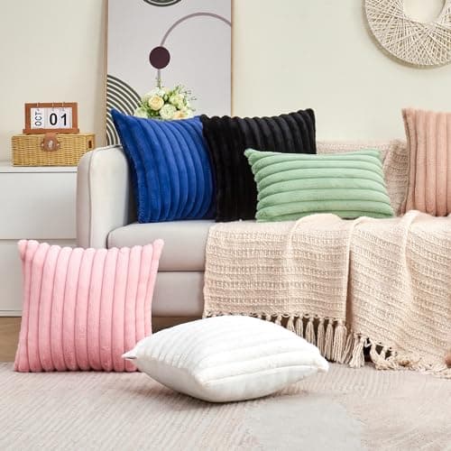 GriNeed Throw Pillow Covers Decorative Faux Fur Set of 2 12x20 Inch Pillow Covers, Soft Cream White Lumbar Plush Striped Pillowcases for Couch Sofa Bed Living Room, Fluffy Cute Home Boho Accent Decor - Thumbnail 4