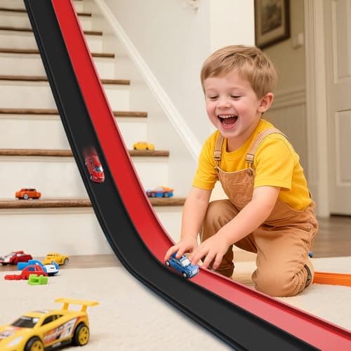 Flexible Race Track 15 Ft Starter Set, Flex Tracks for Kids 3+ with Strong Suction Cups, Flexible Car Race Ramp Track Compatible with Hot Wheels and Diecast 1/64 Cars, Portable Rolls Up Race Tracks - Image 1