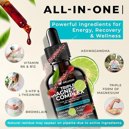WELVIUM Triple Magnesium Complex Liquid Drops - Magnesium Glycinate Supplement with L-Threonate, Taurate - Ashwagandha, L-Theanine, 5-HTP, Vitamins B6, B12, Bromelain, Inositol for Mineral Balance - Thumbnail 2
