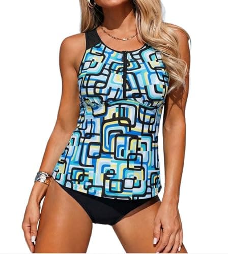 ZAFUL Tankini Swimsuits for Women 2026, Two Piece Tummy Control Bathing Suit, Zip Sporty Swim Tops with Short Swimwear Blue Geometric M - Image 1