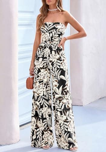 BTFBM Jumpsuits For Women Casual 2026 Floral Strapless Jumpsuit Wide Leg Rompers Beach Vacation Clothes Summer Outfits(Floral Black Beige, X-Small) - Thumbnail 2