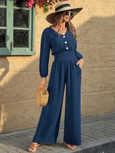 LOOKBOHO Jumpsuits for Women Dressy Casual Long Sleeve V Neck High Waist Wide Leg Romper 2026 Fall One Piece Outfits Navy Medium - Thumbnail 6