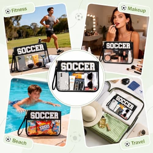 PEVART 2-Piece Soccer Gifts Makeup Snack Bag Chenille Letter Patch | Large Soccer Clear PVC Travel Zipper Pouch Accessories Stuff Waterproof Portable Sport Bag for Boys, Girls - Thumbnail 6
