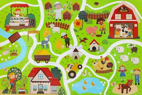 Beeqoo Farm Animals Jumbo Floor Puzzle for Toddles 2-4, Giant Adventure Track Jigsaw Puzzles for Kids Ages 3-5 (48 Piece 35.4x23.4 Inch Thick Cardboard), Educational Toys for Preschooler 4-6 Year Old - Image 1