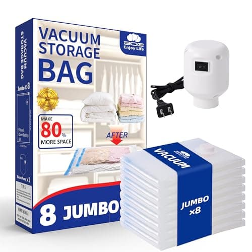 ZoeEnjoyLife, Vacuum Storage Bags with Electric Pump, 8 Jumbo Pack Space Saver Bags, Heavy Duty Reusable PA+PE Vacuum Sealer Bags for Comforters, Bedding, Blankets, Clothes, Home Organization & Travel - Image 1