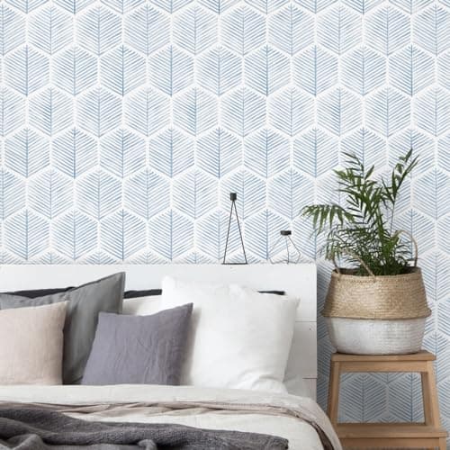 MelunMer Modern Peel and Stick Wallpaper Boho Contact Paper for Cabinets/Drawers 393In L 17.3In W Self Adhesive Removable Wallpaper for Bedroom/Bathroom Waterproof Geometric Contact Paper Blue/White - Thumbnail 2