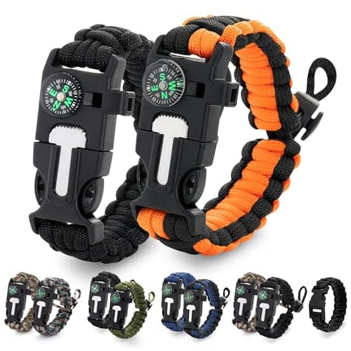 Paracord Bracelets for Men and Women – Adjustable Survival Paracord Bracelet with 11.8 ft Nylon Cord, Flint Fire Starter, Compass, Whistle & Scraper – Camping, Hiking, Fishing Gear (Black & Orange) - Image 1