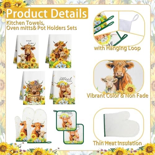 Vetoxka 10 PCS Highland Cow Decor Kitchen Accessories - Sets 4 Dish Towels 2 Pot Holders 2 Oven Mitts 2 Rugs for Home Sweet Home Sunflower Cattle Bathroom Cooking Farmhome Housewarming Baking Gifts - Thumbnail 6