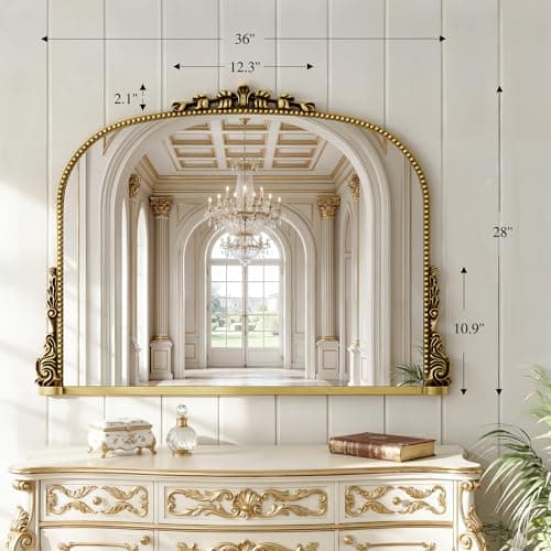 26x38 inch Vintage Arched Gold Ornate Baroque Mirror - Wall Vanity Mirror with Beautiful Retro Top and Bottom Engraving Process Frame for Bathroom, Living Room, Fireplace, Entryway, HD Tempered Glass - Thumbnail 2