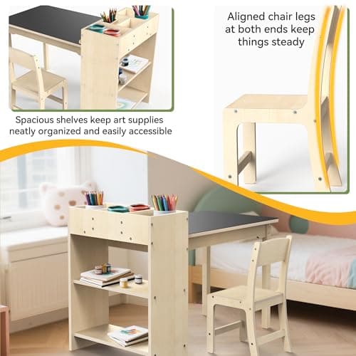 doowroodni Kids Art Table and Chair Set, Sturdy Beech Wood Study Desk for Children’s Drawing, Learning & Play - Multi-Functional Activity Table for Home,Toddler Desk with Storage and 1 Chair - Thumbnail 4