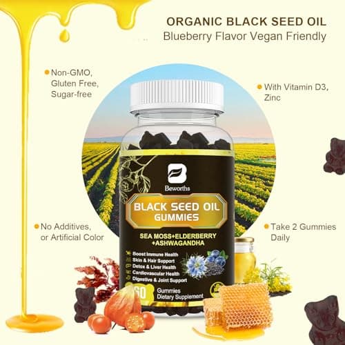 Black Seed Oil & Sea Moss Gummies, 2Pack Irish Sea Moss Gummies with Black Seed Oil, Ashwagandha Extract, Elderberry, Turmeric, Vitamin C, Vitamin D3 - Immune Support, Joints, Digestion, Hair & Skin - Thumbnail 5