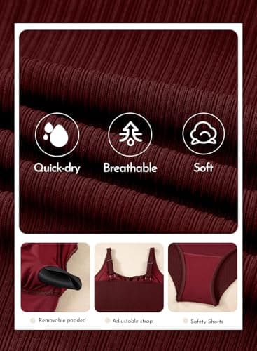 Aleumdr Women's Textured Swimsuits Tie Knot Tummy Control One Piece Swimwear Modest Vintage Bathing Suits with Cutout Burgundy Red Medium - Thumbnail 5