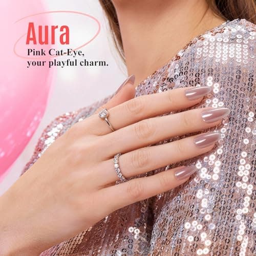 Bioday Press on Nails Short Almond, Soft Gel Purple Cat Eye Fake Nails Kit, Reusable Stick on Nails with Glue, 30Pcs 15 Sizes Salon Quality False Nails, Ideal for Spring Summer Vacation DIY Gifts - Thumbnail 2