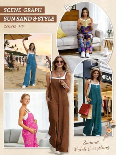 BOHOWE Womens Overalls Plus Size Jumpsuits Loose Casual Wide Leg One Piece Sleeveless Maternity Overalls Adjustable Straps Long Pant Rompers with Pockets S HPZ P002B - Thumbnail 4