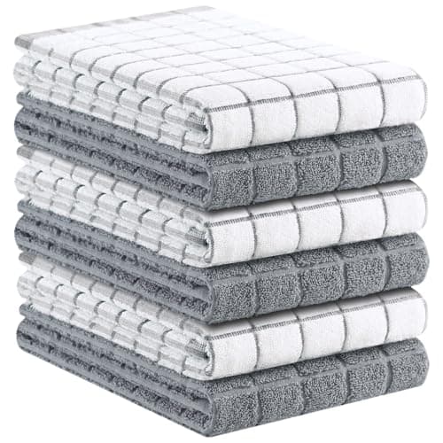 Kitinjoy Premium Kitchen Towels (16"x 28", 6 Pack), Large 100% Cotton Terry 390 GSM Kitchen Hand Towels, Ultra Absorbent Check Design Tea Towels Set with Hanging Loop, Grey