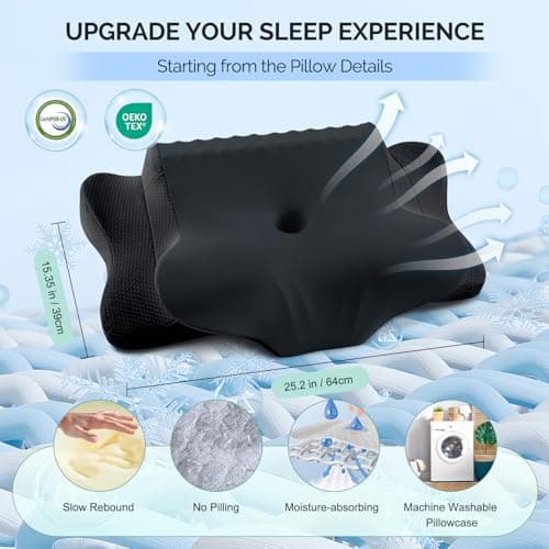 Cervical Pillow for Neck Pain Relief - Cooling Ergonomic Dual-Sided Orthopedic Neck Pillow with Ice Silk Pillowcase, Breathable Memory Foam Contour Pillow for Side, Back, Stomach Sleepers,All Black - Thumbnail 6