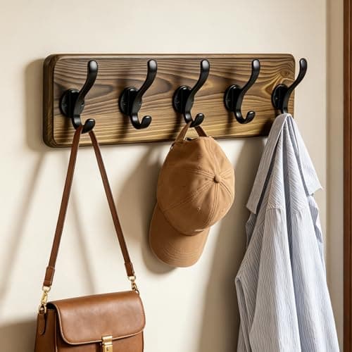 Dellicasi 17" Coat Rack Wall Mount, Rustic Wall Mounted Coat Rack, Pine Solid Wood Coat Hook Hanger with 5 Metal Hooks- Wall Coat for Hanging Clothes Key Robes Towels Coats - Image 1