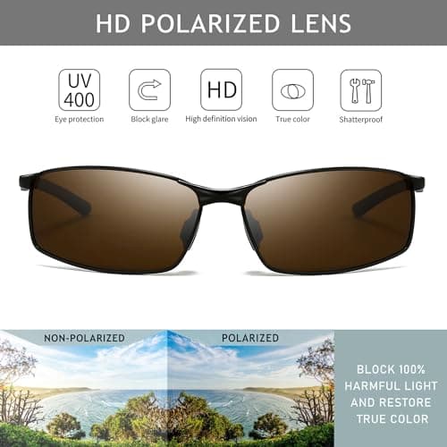 SUNGAIT Ultra Lightweight Polarized Sunglasses Men Rectangular Metal Frame with Spring Hinge (Black Frame Brown Lens) SGT559-HC - Thumbnail 2
