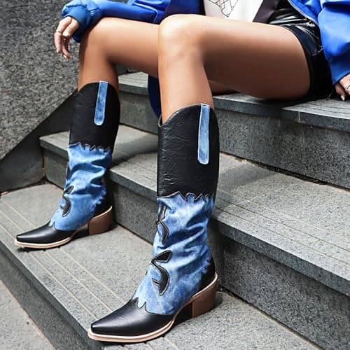 Cozivwaiy Women Denim Cowboy Boots Patchwork Knee High Cowgirl Boots Western Black Boot Mid Calf Jean Blue Boot Pointed Toe Chunky Heel Pull On Size 10 - Thumbnail 6