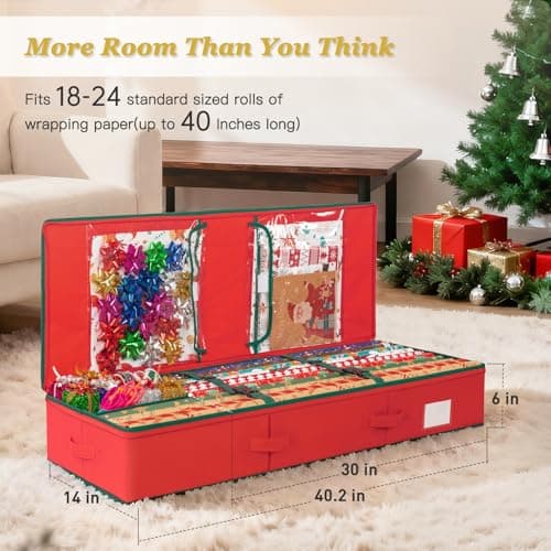 Criusia Gift Wrapping Paper Organizer Storage, Durable Underbed Storage Container Fits 24 Rolls, with Removable Dividers and Pockets for Ribbon, Ornaments, Holiday Accessories, Red - Thumbnail 4