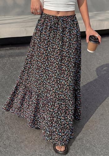 BTFBM Womens Boho Maxi Skirt 2026 Summer Floral High Waisted Flowy Tiered Long Spring Beach Vacation Skirts Pockets(Floral Black Red, XX-Large) - Thumbnail 3