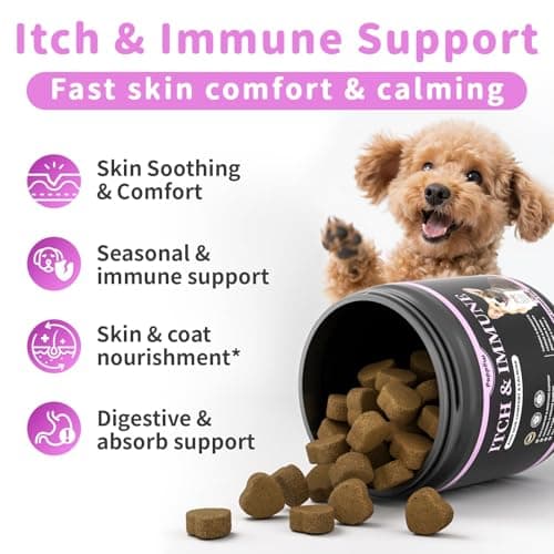 POPPAW Itch Relief for Dogs - Turmeric Supplements for Itching Skin Comfort & Coat Health & Seasonal Allergy Care, Immune Support Supplement with Omega-3 Fish Oil, Biotin - Chicken Flavor - 90 Count - Thumbnail 4
