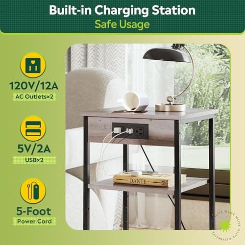 WLIVE End Table with Charging Station, Small Night Stand with Storage Adjustable Shelf, Side Tables for Small Spaces, Bedside Tables for Living Room, Bedroom, Grey - Thumbnail 4