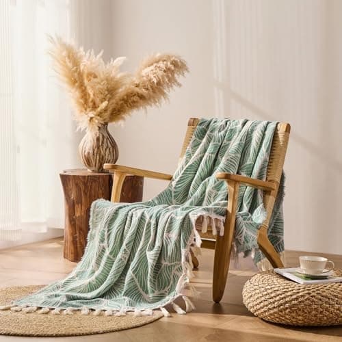 DOWN HOME Chenille Cotton Throw Blanket for Couch, Lightweight Boho Blanket for Bed Sofa Chair Living Room Outdoor Soft Woven Decorative Blanket with Tassel Gift Green Leaves 55"x60" - Thumbnail 2