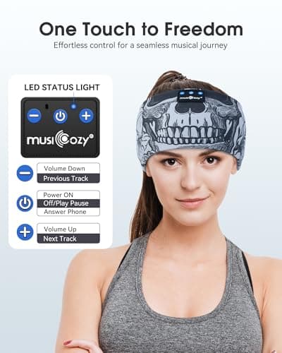 MUSICOZY Sleep Headphones Bluetooth Headband, Wireless Sleeping Headphones Music Sport Headbands, Long Time Play Sleeping Headsets Built-in Thin Speakers, Skulls Design for Sleeping Yoga - Thumbnail 5