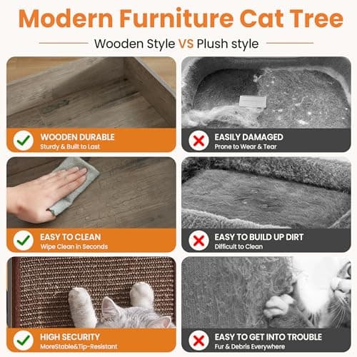 Feliskyn Wood Modern Cat Tree Tower for Indoor Large Cats,48-Inch Tall Wooden Cat Trees with Big Perch Bed, Multi-Level Condo with Scratching Board and Posts, Removable Pads, Cat Furniture, Greige - Thumbnail 6