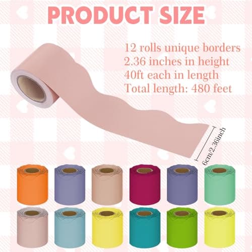 12 Rolls 480 Feet Scalloped Bulletin Board Borders Bulletin Board Trim for Classroom Decoration, 12 Assorted Colors - Thumbnail 2