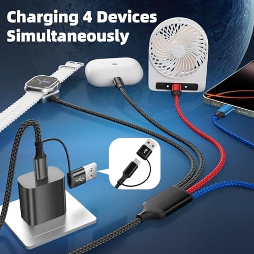 Dual Type-C Port 4 in 2 Multi Charging Cable for iWatch Charger/iPhone17/IP, Cruise Travel Essentials 2026, USBA/USBC Cable for iWatch Ultra/SE/11-2, iPhone17-8, Pad, GalaxyS26, Car Charger- 2Pcs 5FT - Thumbnail 2