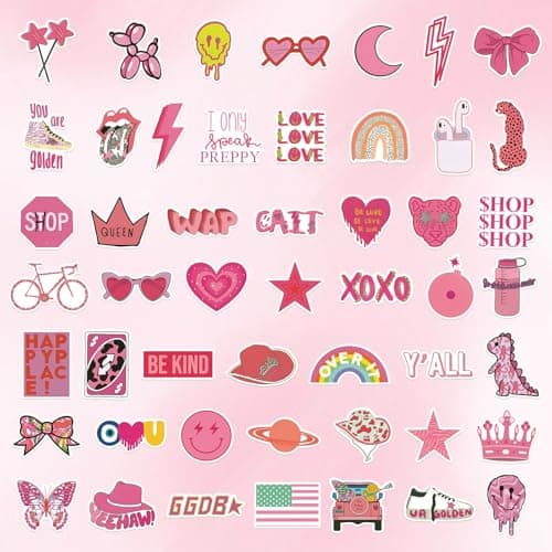 100 Pcs Preppy Stickers Vinyl Pink Aesthetic Waterproof Sticker Decor Party Supplies Suitable for Laptop Mobile Phone Computer Skateboard Water Bottle Suitcase Car - Thumbnail 2