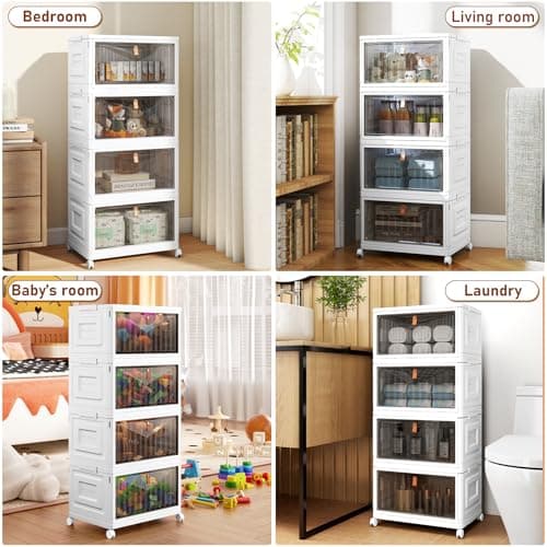 4 Tier Storage Bins with Lids, 23QT Stackable Closet Organizers and Storage with Wheels, Collapsible Storage Boxes, Foldable Plastic Storage Containers for Home,Office, Dorm Room-White - Thumbnail 6