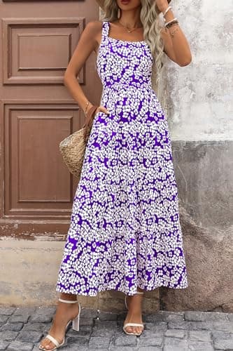 PRETTYGARDEN Women's Summer Floral Maxi Dress Sleeveless Smocked Ruffle Long Flowy Beach Vacation Boho Sundresses (Floral Purple White,Medium) - Thumbnail 6