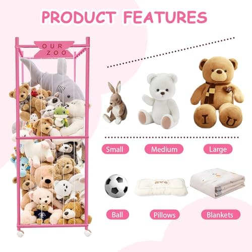 Stuffed Animal Storage Zoo with Wheels, Wooden Large Stuff Animals Plushies Holder Toy Organizer Kids Plush Storage Cage with Elastic Band and Net for Nursery Playroom Corner for Toddler (Hot Pink) - Thumbnail 3