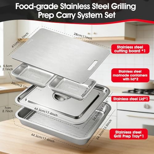 7-in-1 Stainless Steel Grill Prep Trays & Carry System, Large Lidded Marinating Containers with Cutting Board & 2 Food Storage Containers with Lids, Stackable BBQ Grill Accessories for Outdoor Cooking - Thumbnail 2