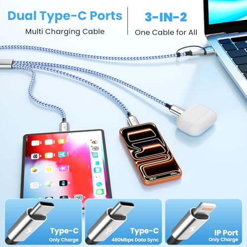 Jogrytece 6 in 1 Multiple Charging Cable, 2Pack 5Ft Multi Chargers Cord for All Devices Braided USB A/C to Dual Type C/IP Ports Universal Charger Cable for iPhone Series/Galaxy/Tablets/PS and More - Thumbnail 2