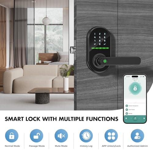 HEI LIANG Smart Door Handle with Biometric Fingerprint,Keypad Keyless Entry Door Lock for Front Door,5-in-1 Electronic Door Lock with App Control,Auto Lock,Reversible for Left/Right Hand,Deep Black - Thumbnail 2