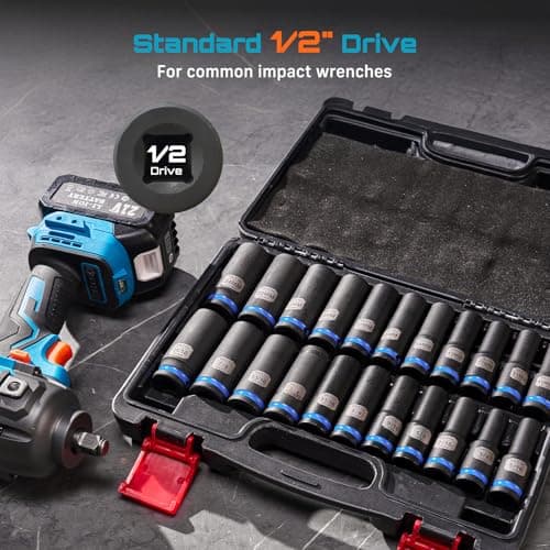 1/2" Drive Deep Impact Socket Set, SAE & Metric Sockets (5/16"-15/16" & 10-24mm), Professional CR-MO Steel, 6-Point for Impact Wrench, Automotive & Truck Repair Tool Kit - Thumbnail 5